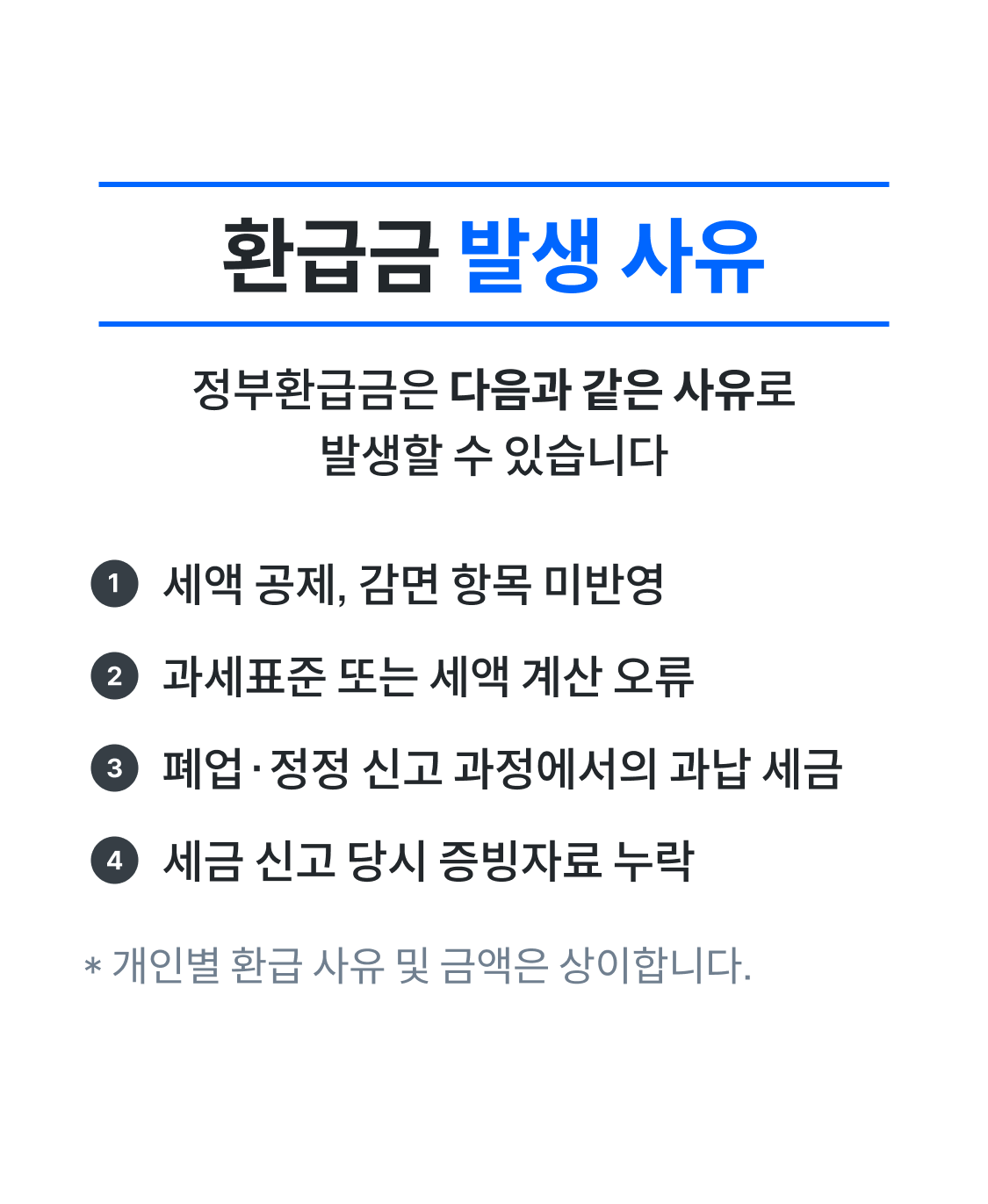 정부환급금 발생 사유 - 세액 공제·감면 미반영, 과세표준·세액 계산 오류, 폐업·정정 신고 과납, 증빙자료 누락